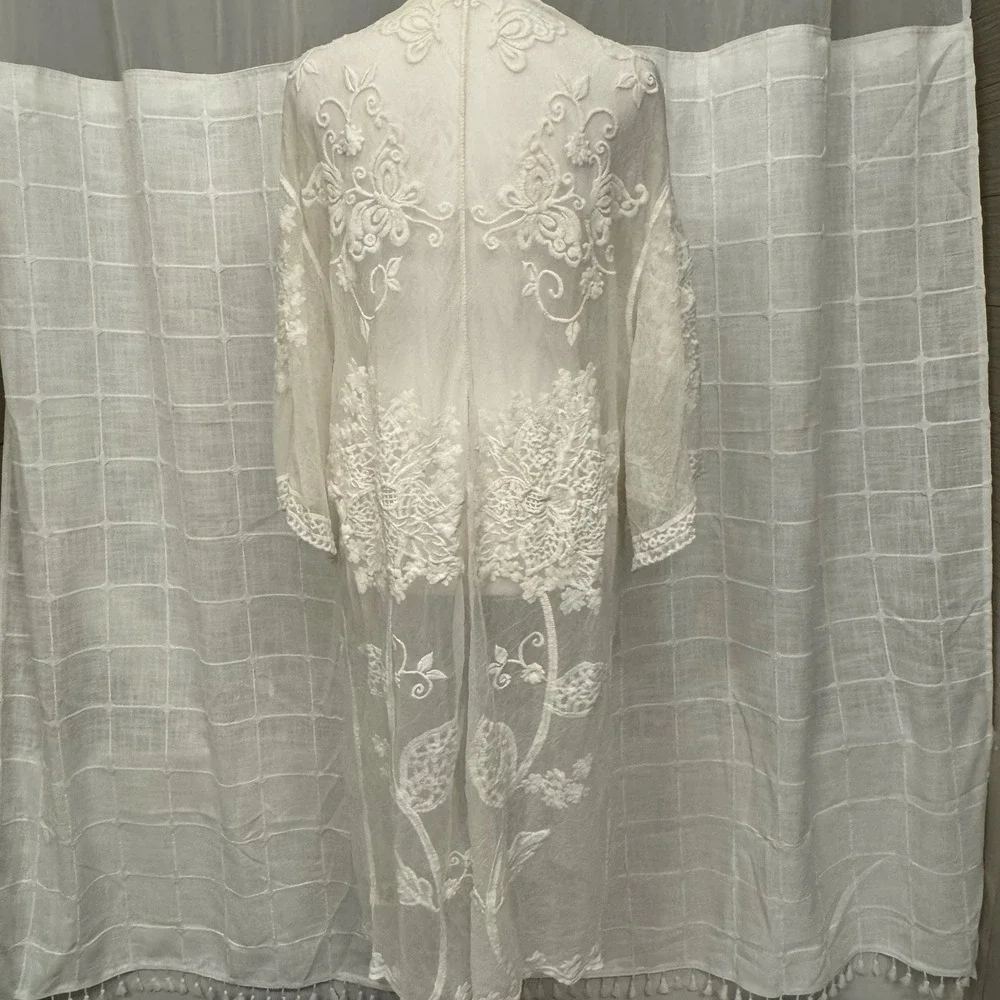 Anthropologie Do Everything In Love Cream Embroidered Sheer Lace Kimono Cardigan - Picture 5 of 7